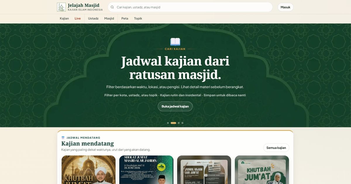 The Jelajah Masjid homepage, showing a search bar and a listing of upcoming mosque study sessions